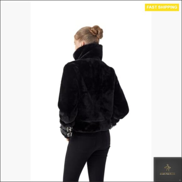 Faux Fur Cropped Jacket Belted Winter Coat Fuzzy Cuff Zipper Chic Warm - Picture 5 of 7